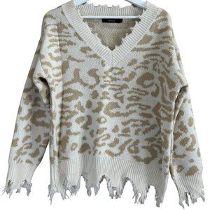 LEANI Women's Size S Frayed Bottom Animal Print V Neck Sweater